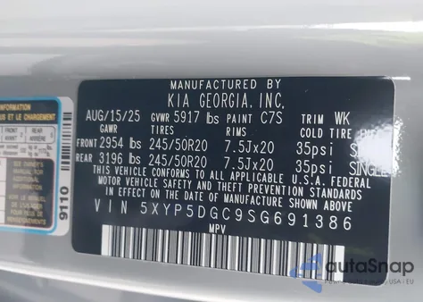 2025 Kia Telluride Sx Prestige X-Line z USA, uszkodzony, nr VIN 5XYP5DGC9SG691386